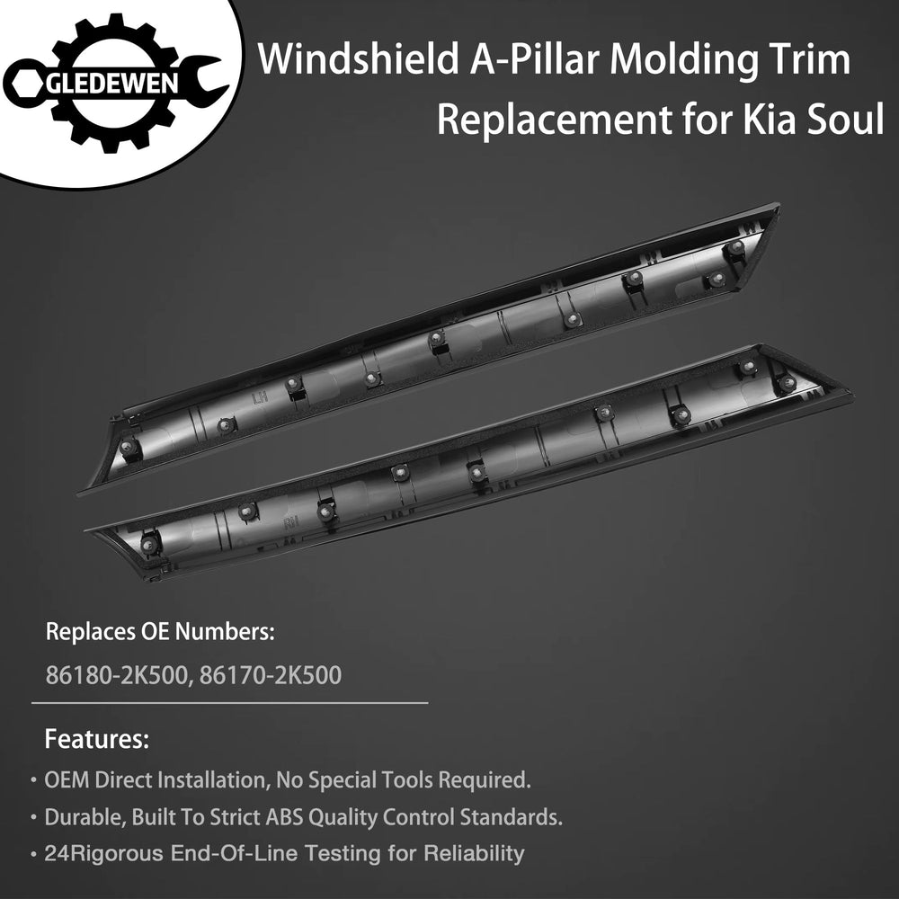 Gledewen A-pillar trim close-up showing premium gloss black finish.