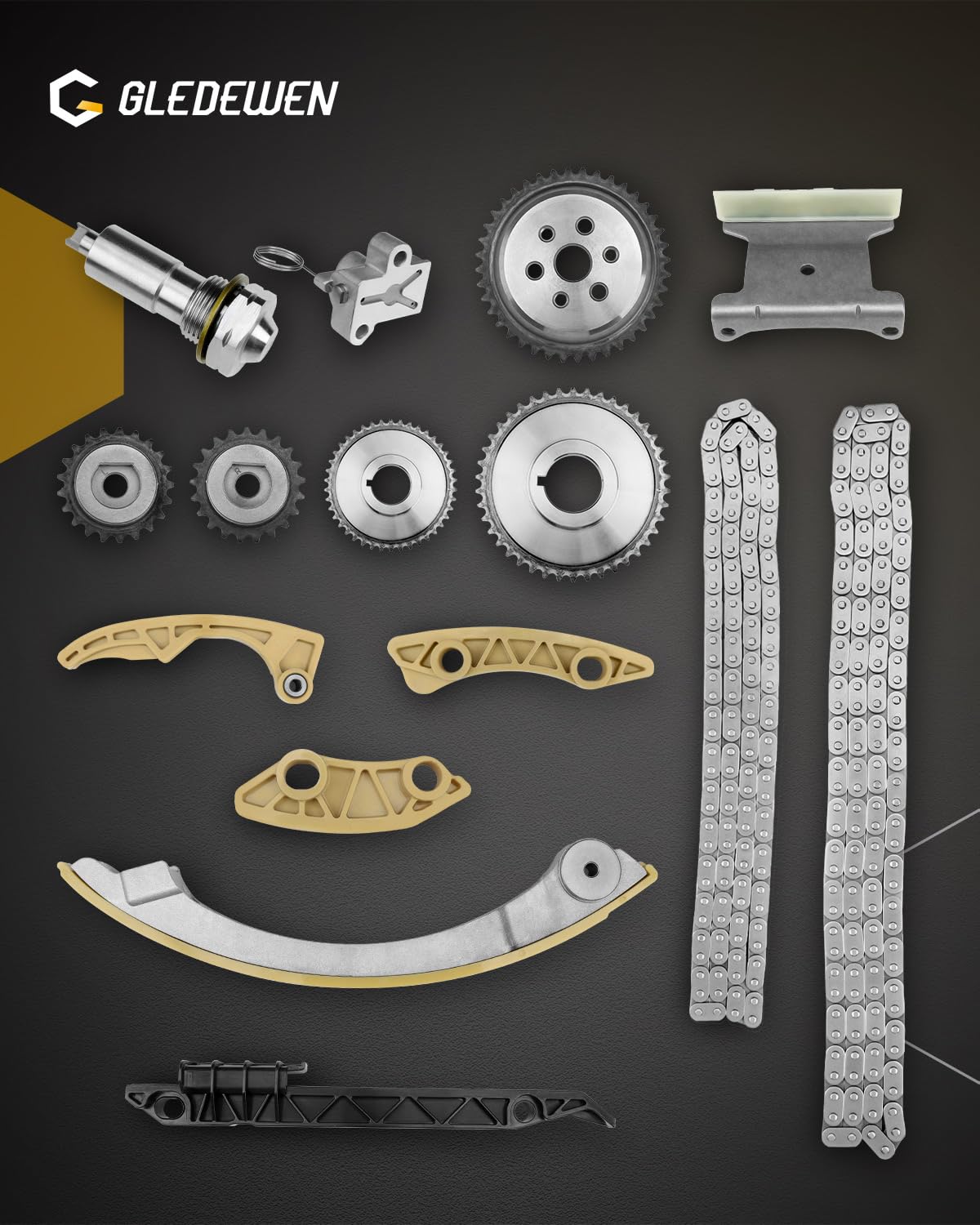 Balance shaft parts and guides prepared for timing system assembly.