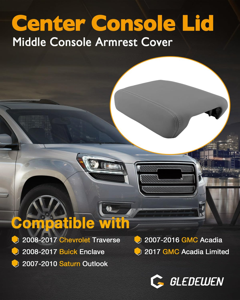 Gledewen center console lid grey fit for GMC Acadia provides seamless replacement