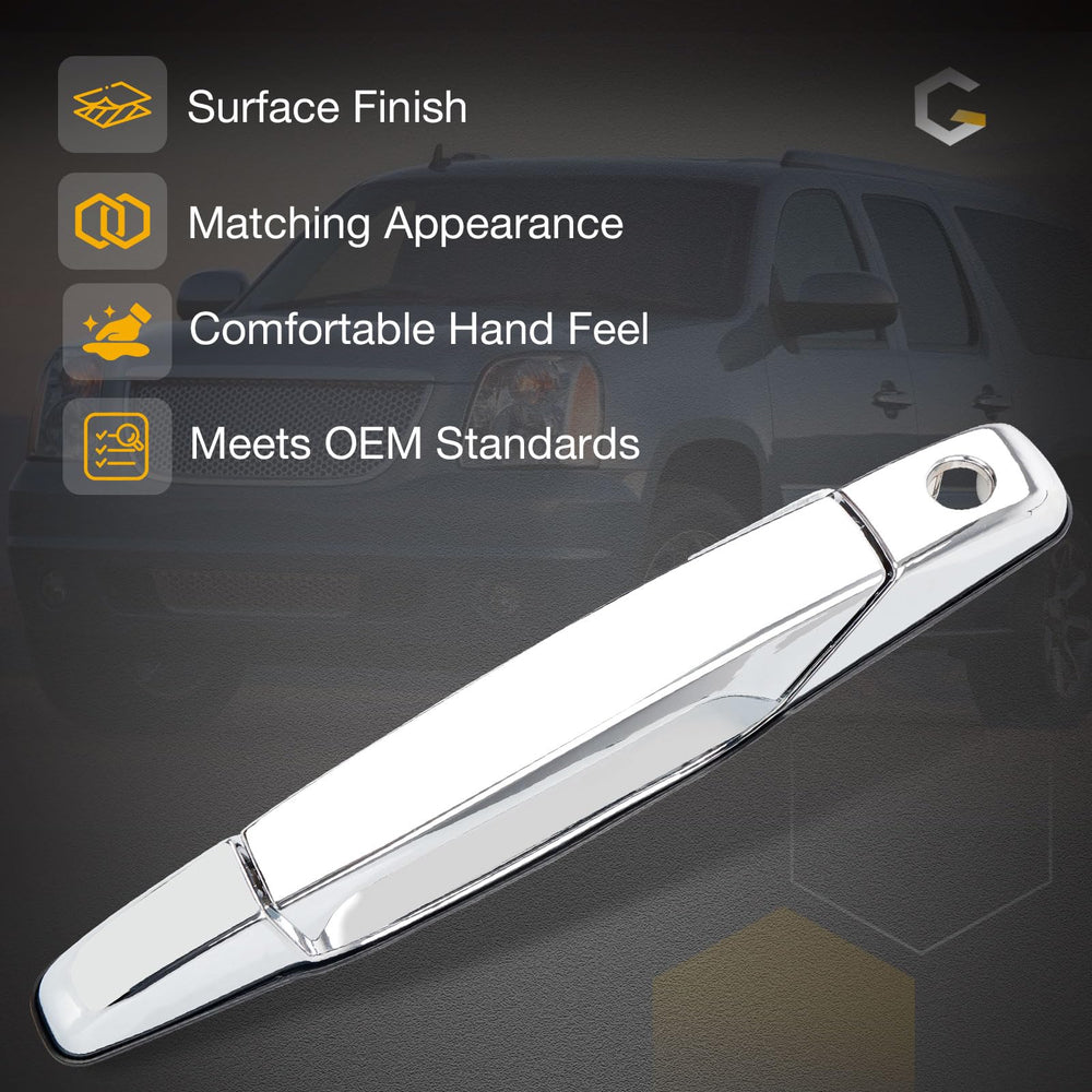 Chrome finish and reinforced plastic core for durable exterior door handle performance.