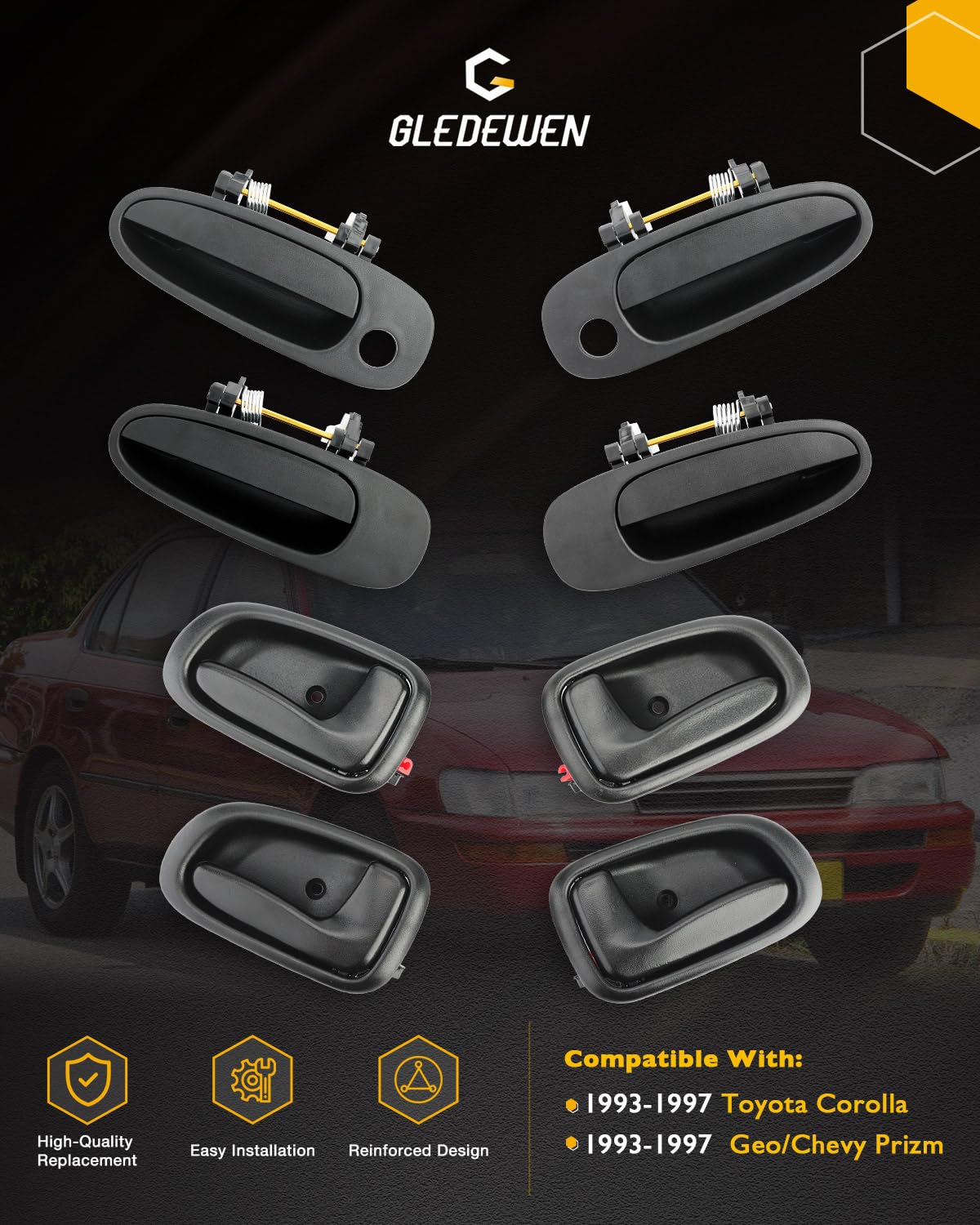Gledewen interior rear-right door handle, matte black, OEM-style replacement.