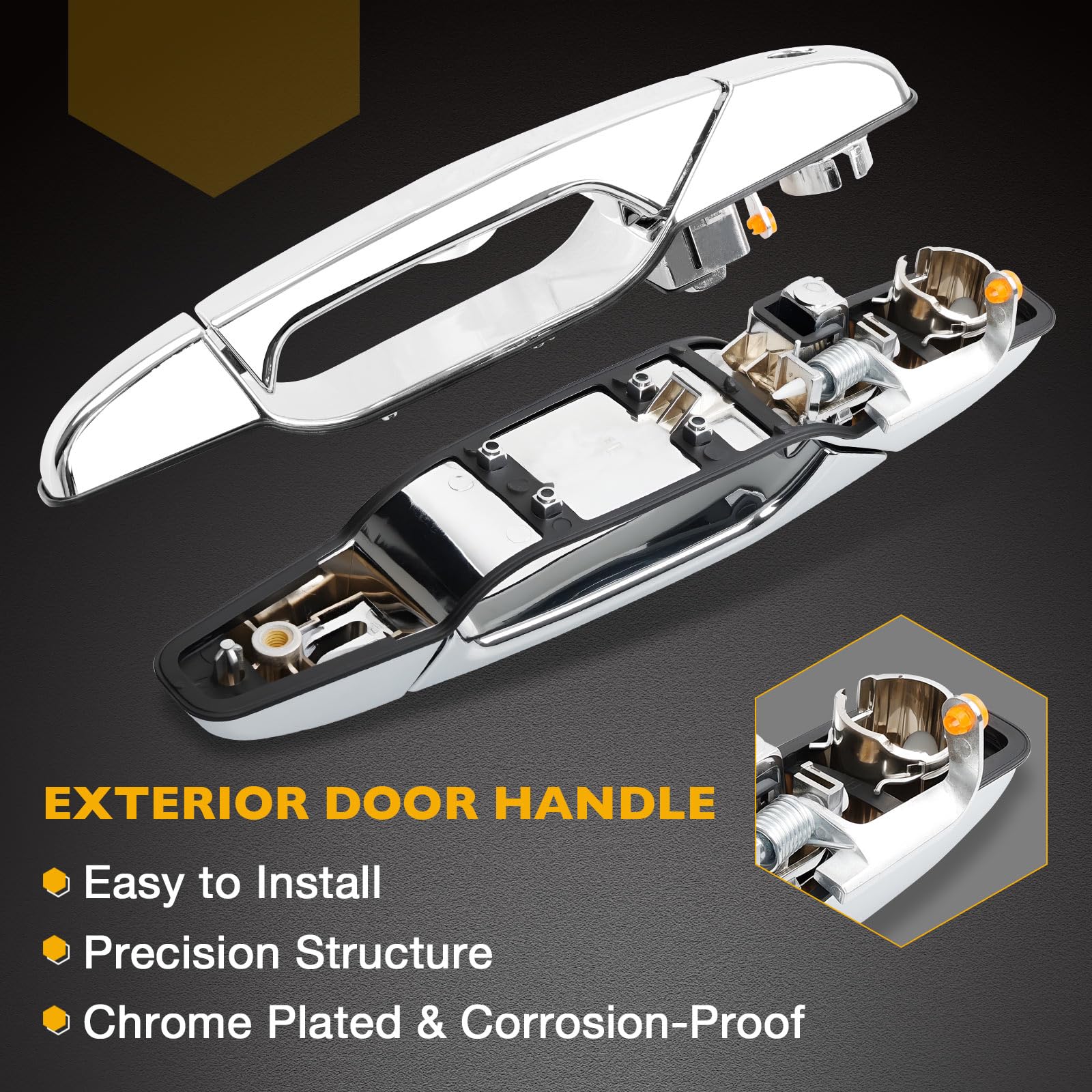 Close-up of Gledewen chrome driver-side door handle showing finish and edges.