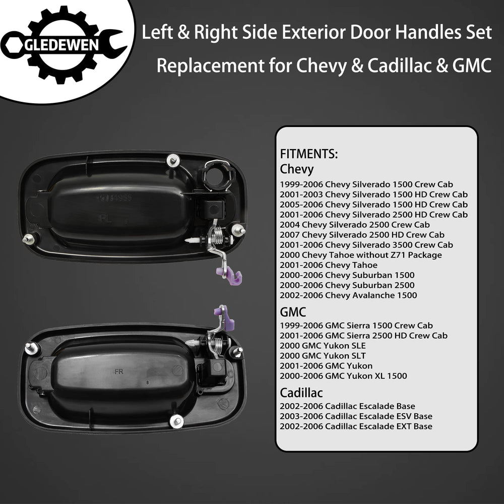 Gledewen exterior door handle front-left driver view, durable steel construction for long life.