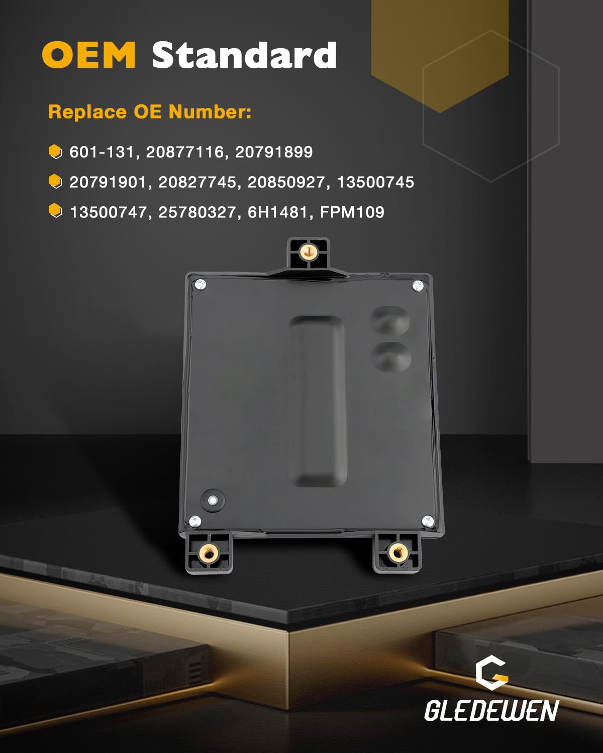 Gledewen fuel pump driver module side view highlights compact rugged housing for vibration resistance.
