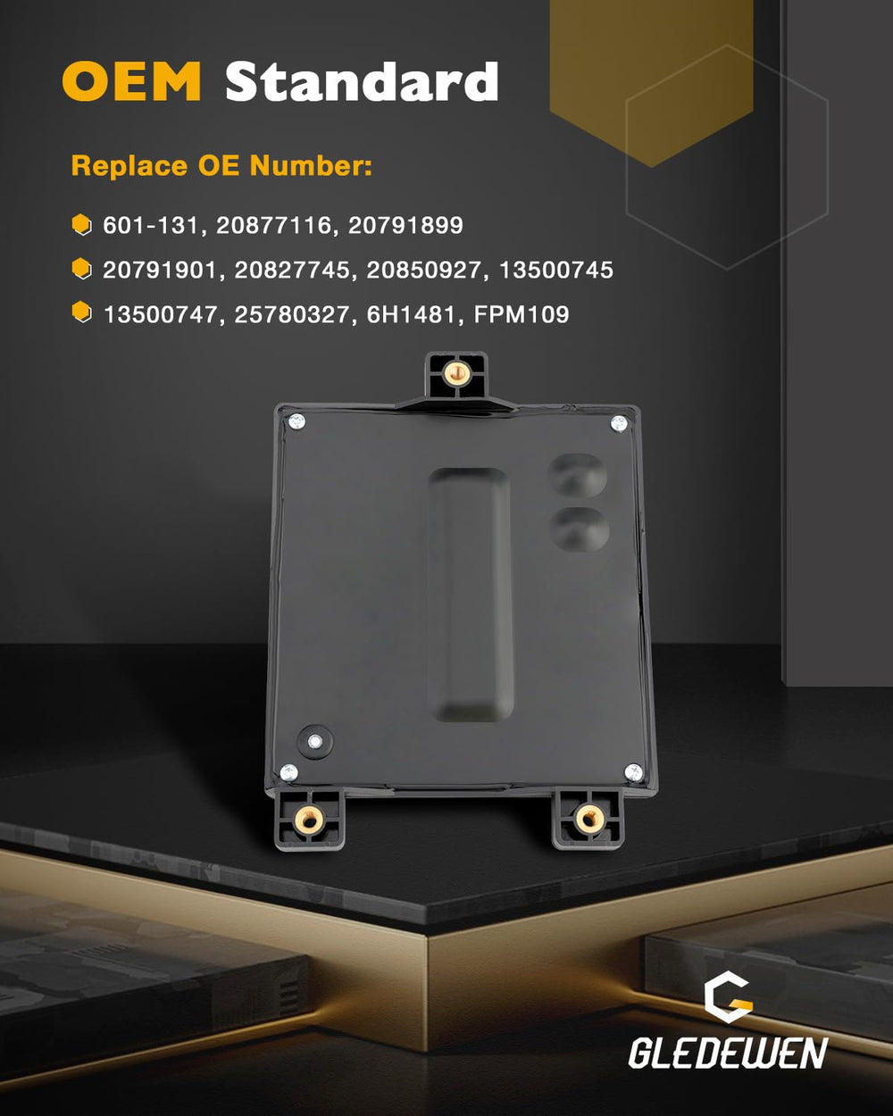 Gledewen fuel pump driver module side view highlights compact rugged housing for vibration resistance.