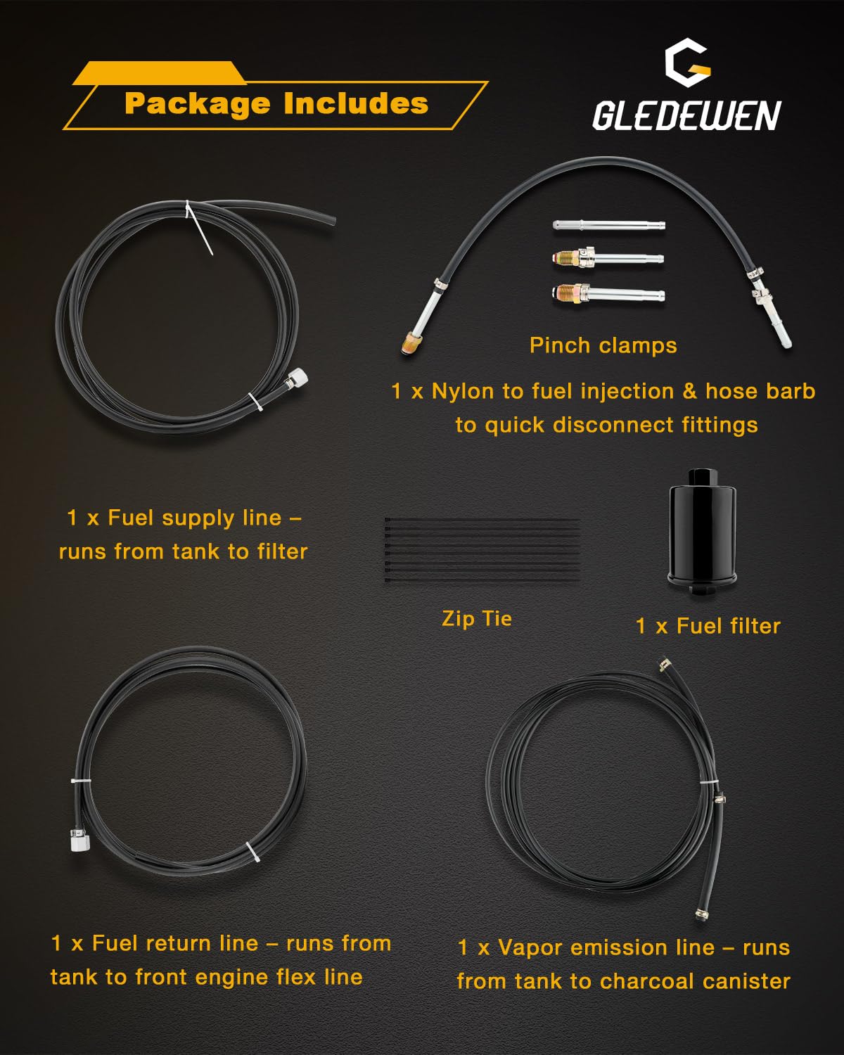 Gledewen installation-ready nylon fuel line kit for quick setup.