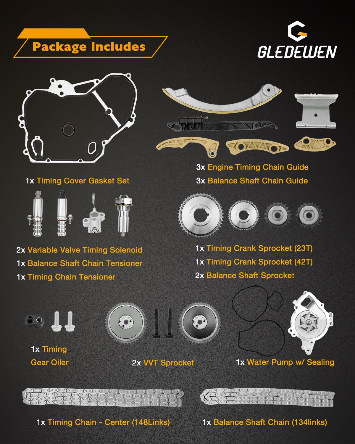 Boxed Gledewen timing chain kit showing full contents.