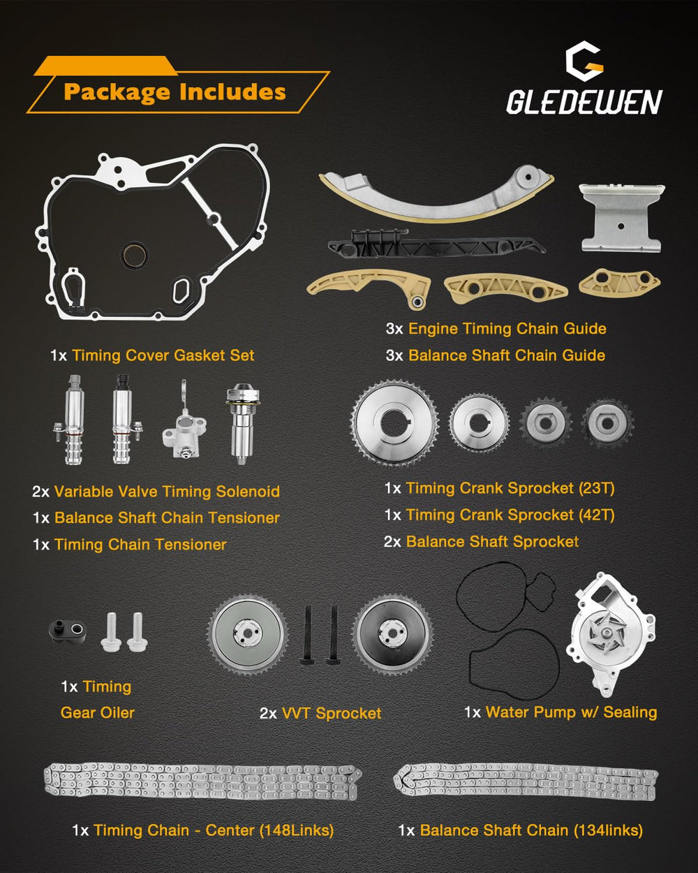 Boxed Gledewen timing chain kit showing full contents.