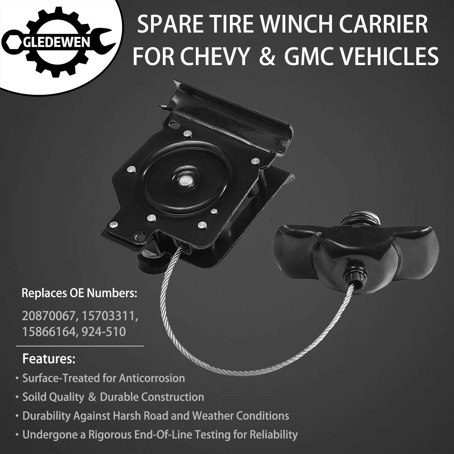 Gledewen spare tire winch carrier mounted in vehicle for direct-fit operation.