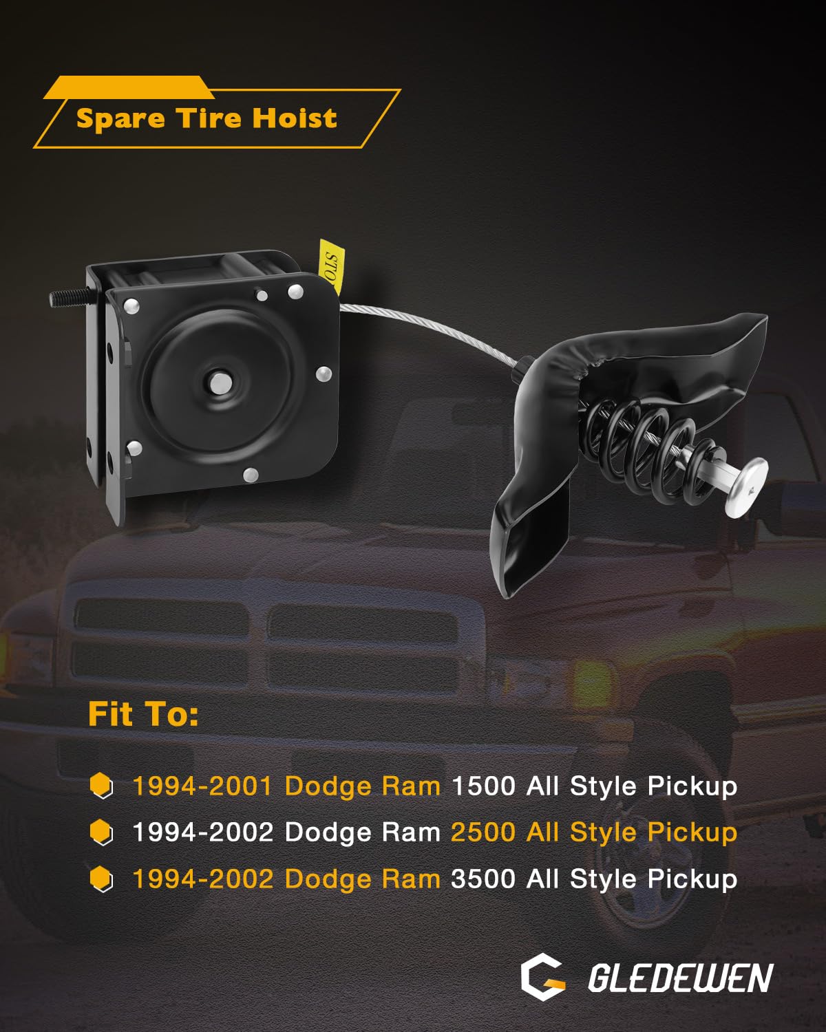 Gledewen spare tire winch with offset cable simplifies mounting on Ram trucks