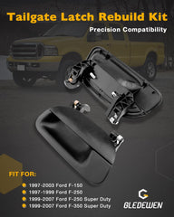 Gledewen tailgate latch rebuild kit installed on Ford F-Series, rear-left for reliable access.