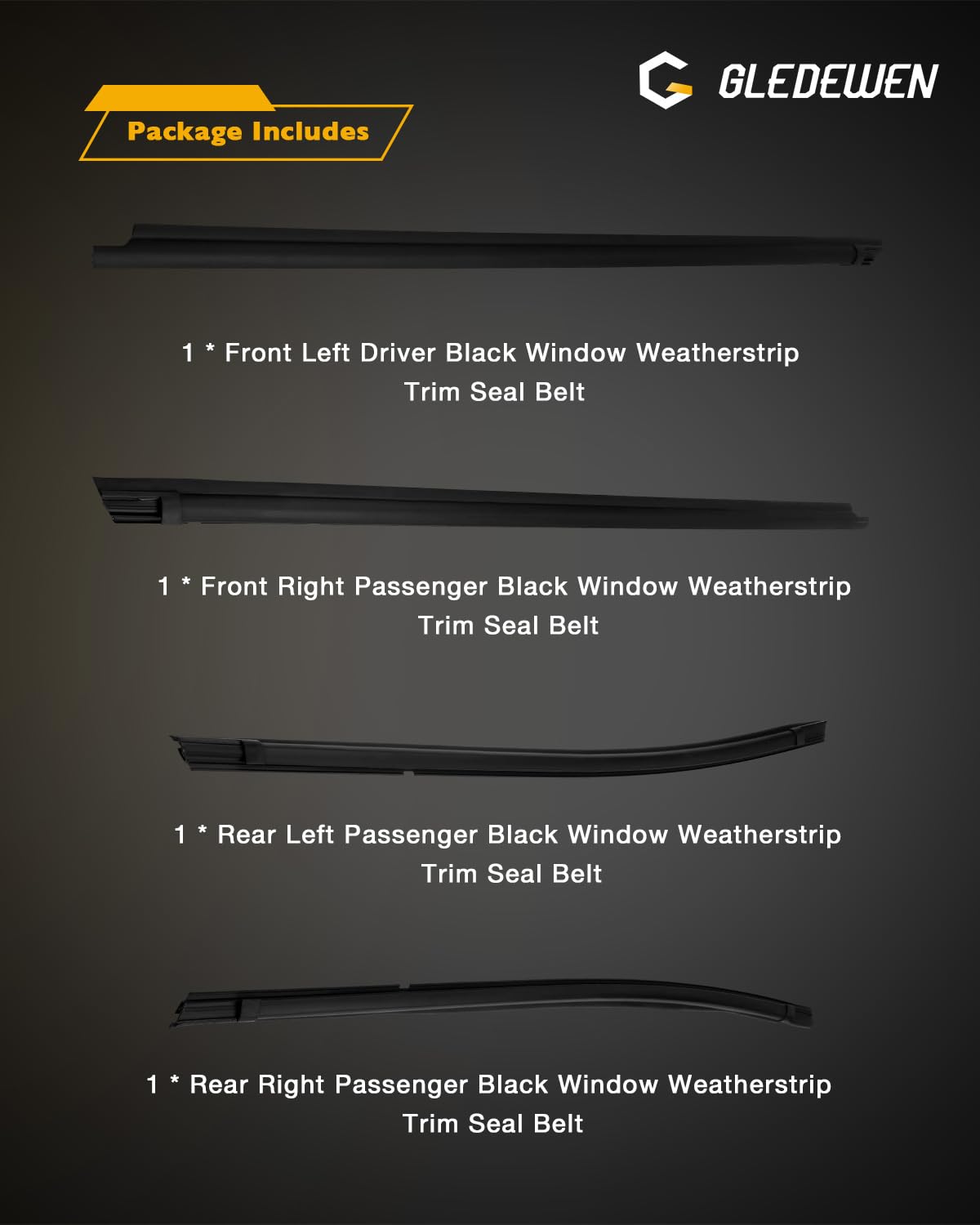 Gledewen packaging confirms a complete four-piece window seal set.