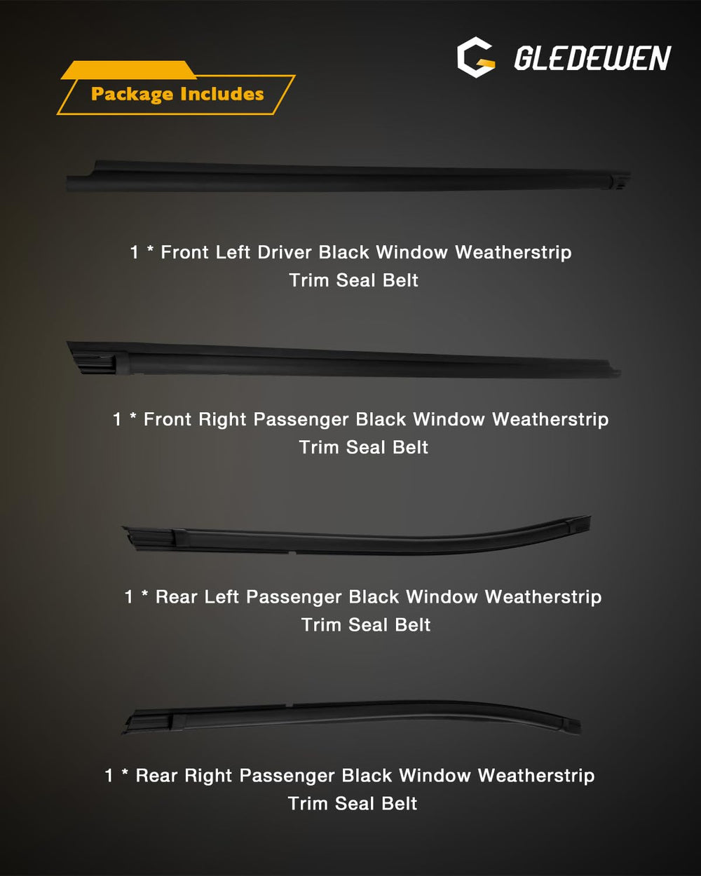 Gledewen packaging confirms a complete four-piece window seal set.