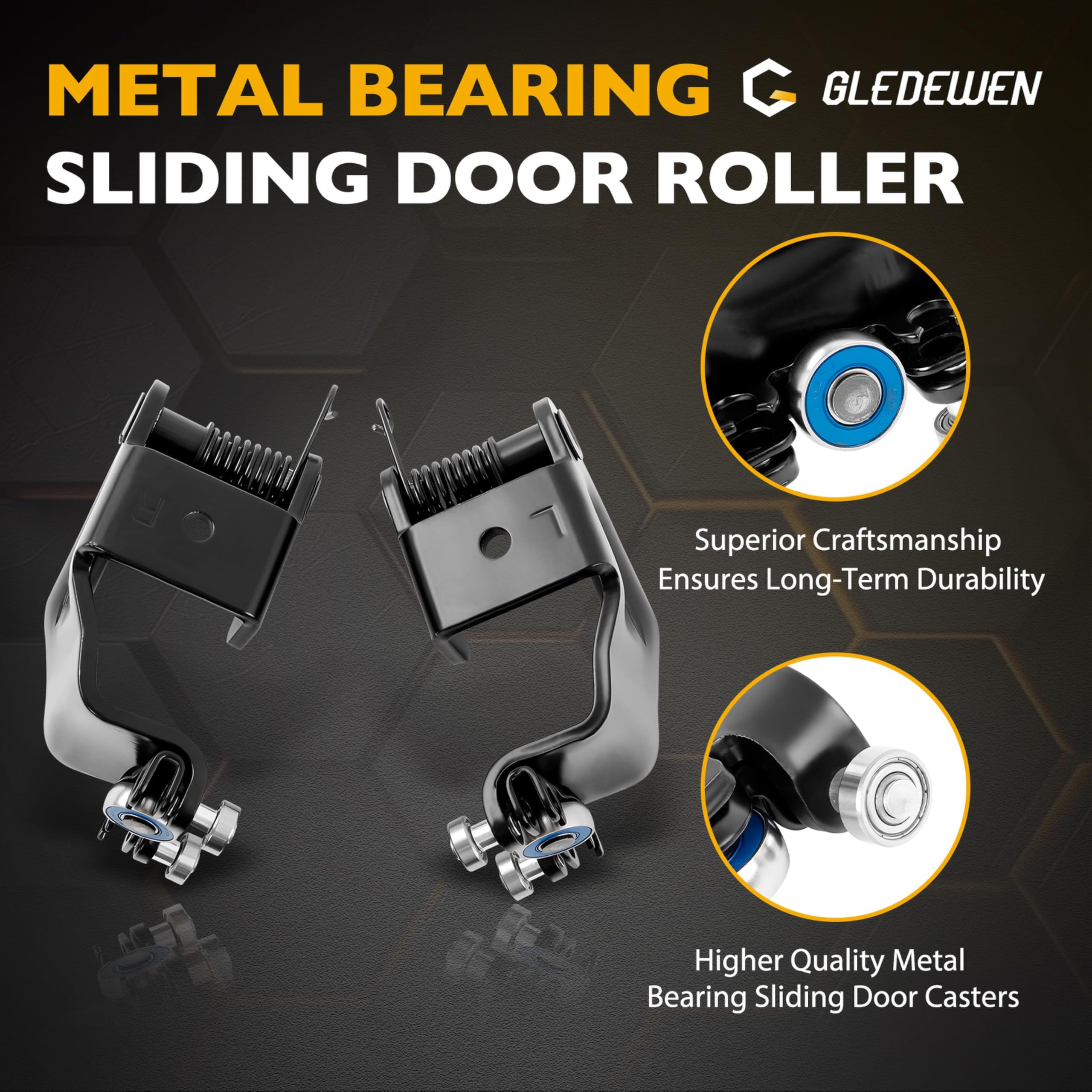 Gledewen metal bearing roller mounting holes align precisely for install.