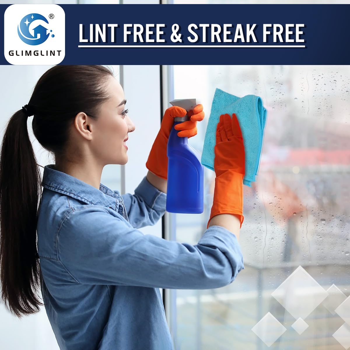GLIMGLINT kitchen and car cleaning cloths reduce streaks after use.