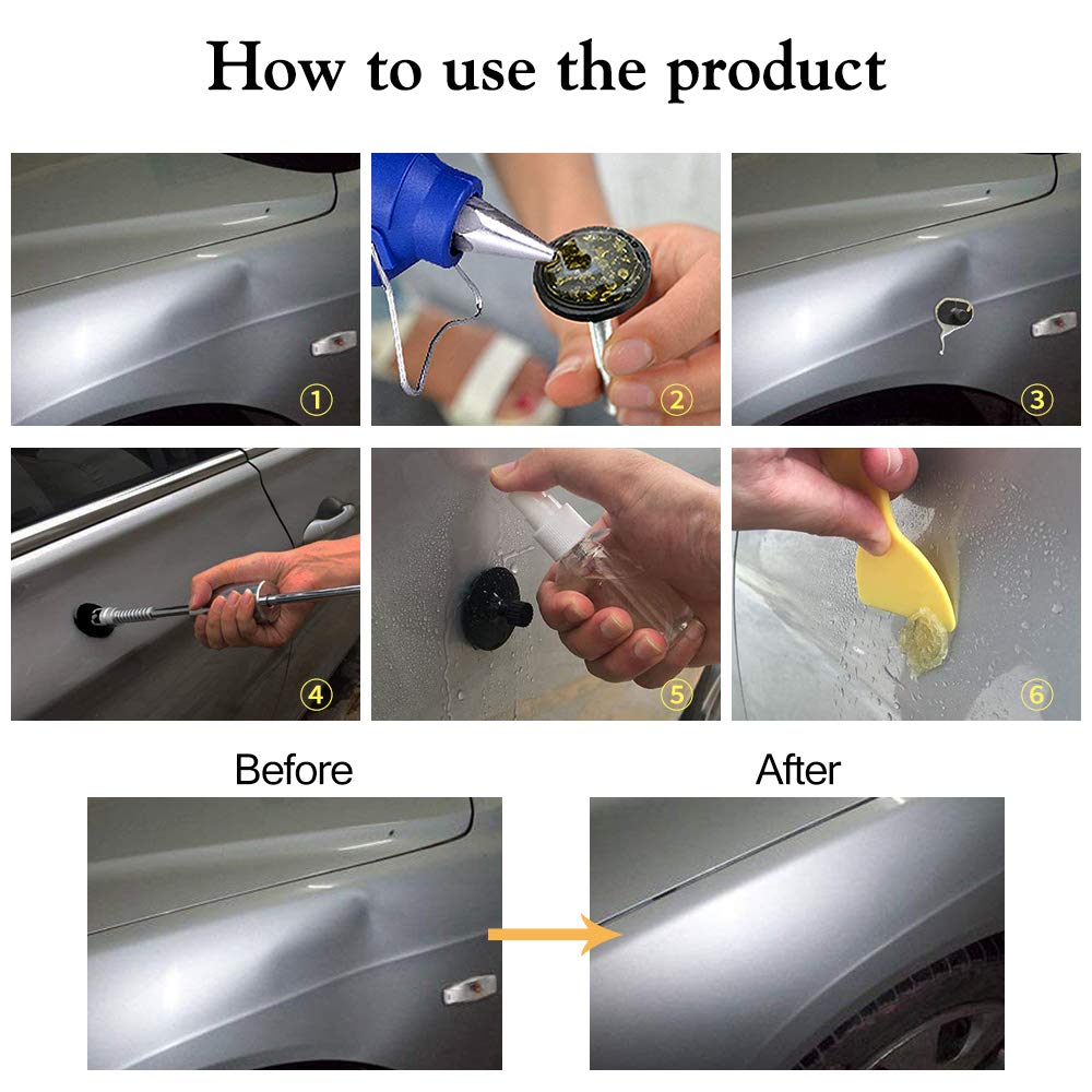 GLISTON dent repair in progress with glue tabs and hammer to flatten high points.