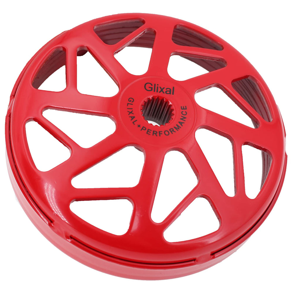 Glixal red clutch bell housing for GY6 engines highlights robust clutch engagement.