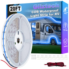 Gliztech RV awning lights blue strip create inviting outdoor ambiance for camping