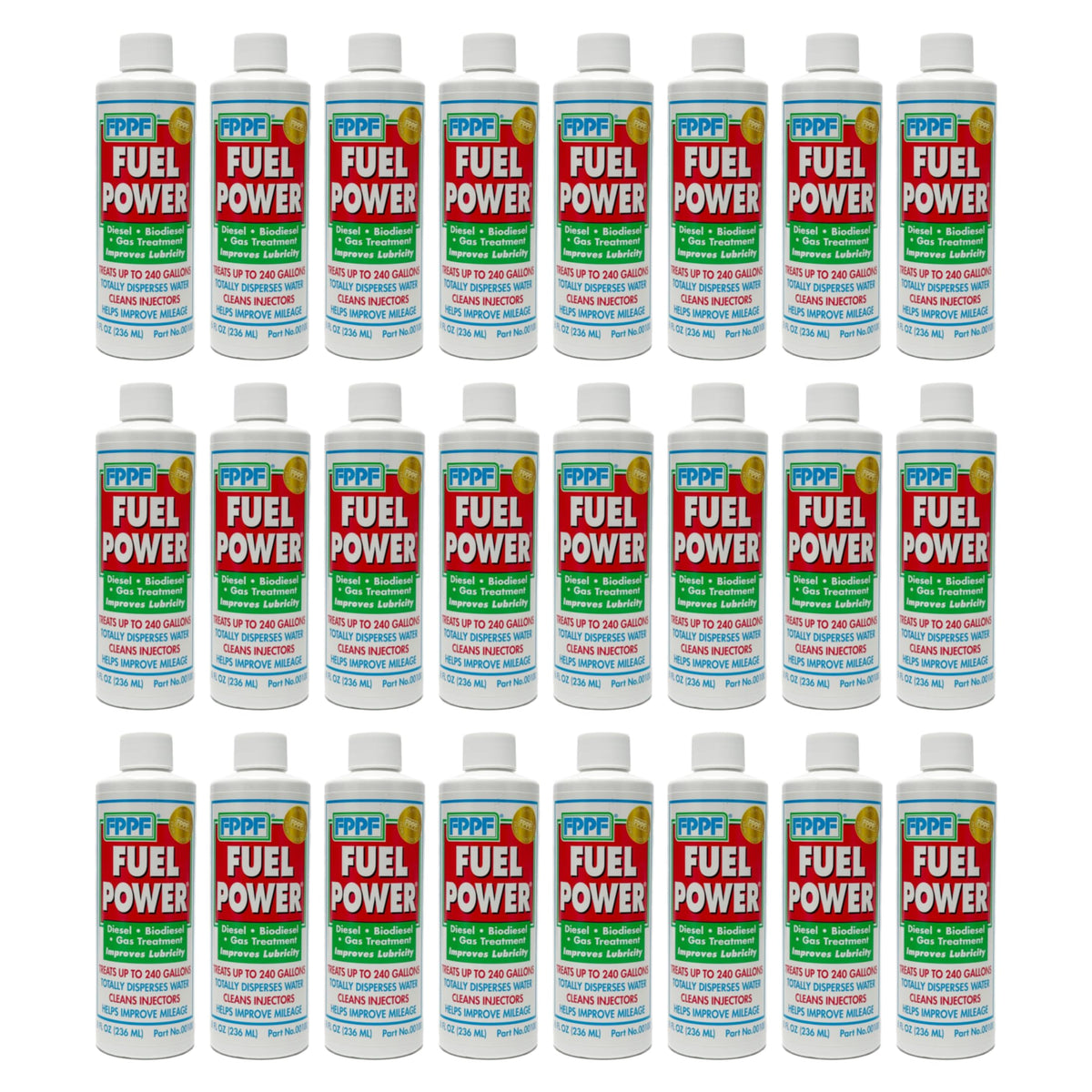 Global Parts Distributors 24 FPPF bottle pour showing easy diesel additive use for cleaner injectors