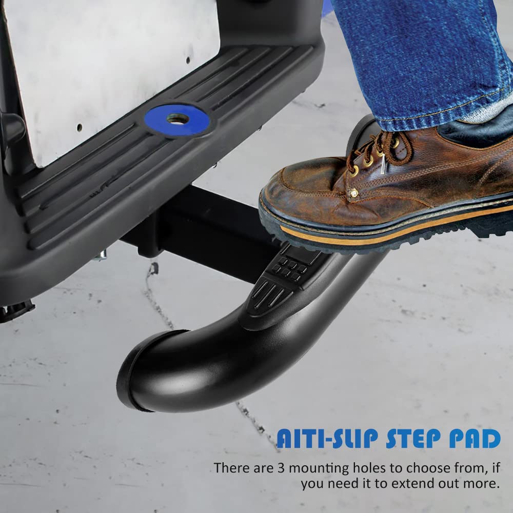Globed hitch step surface stays non-slip when dry or wet