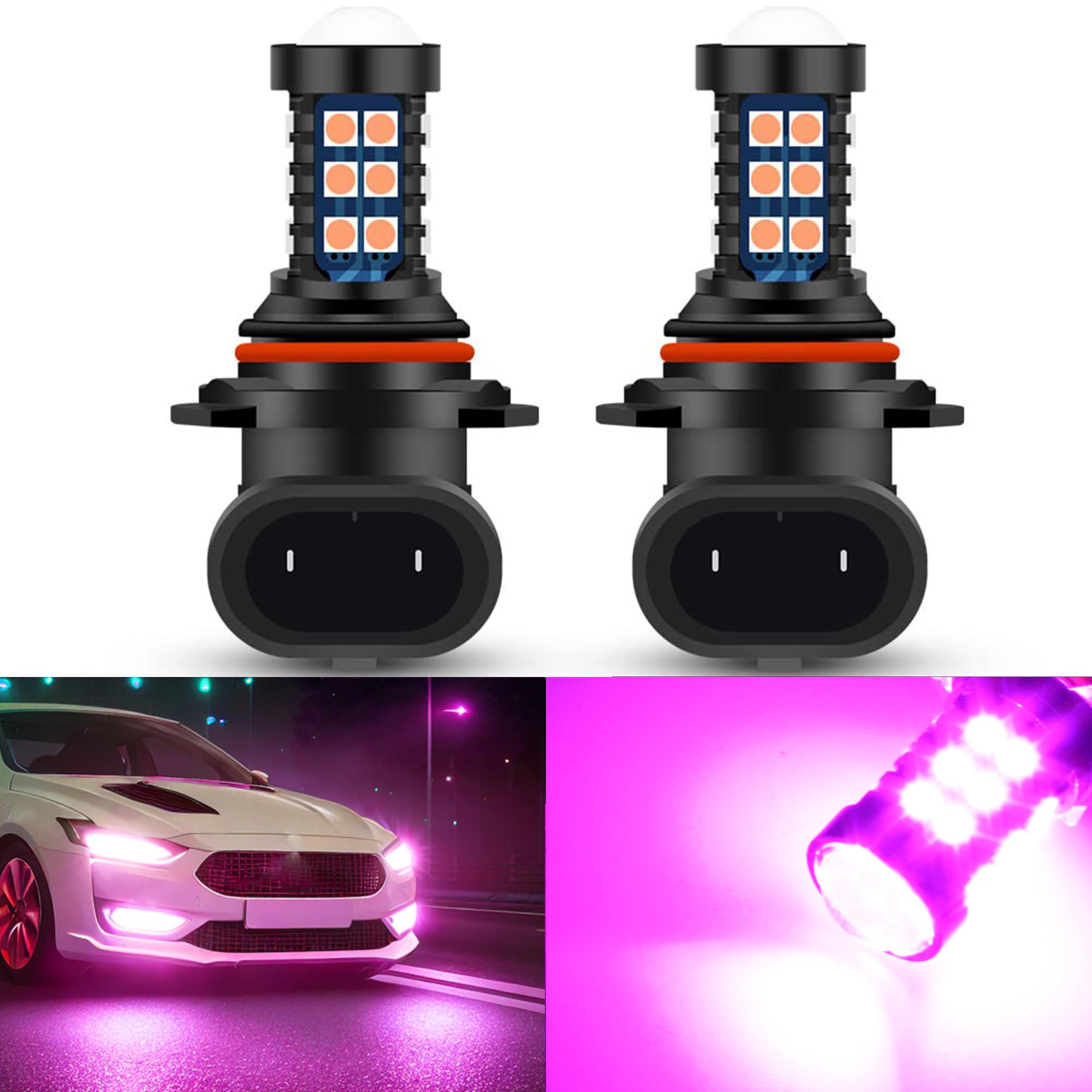 GLOFE 9005-9006 LED bulbs pink purple front view for fog and DRL enhancement