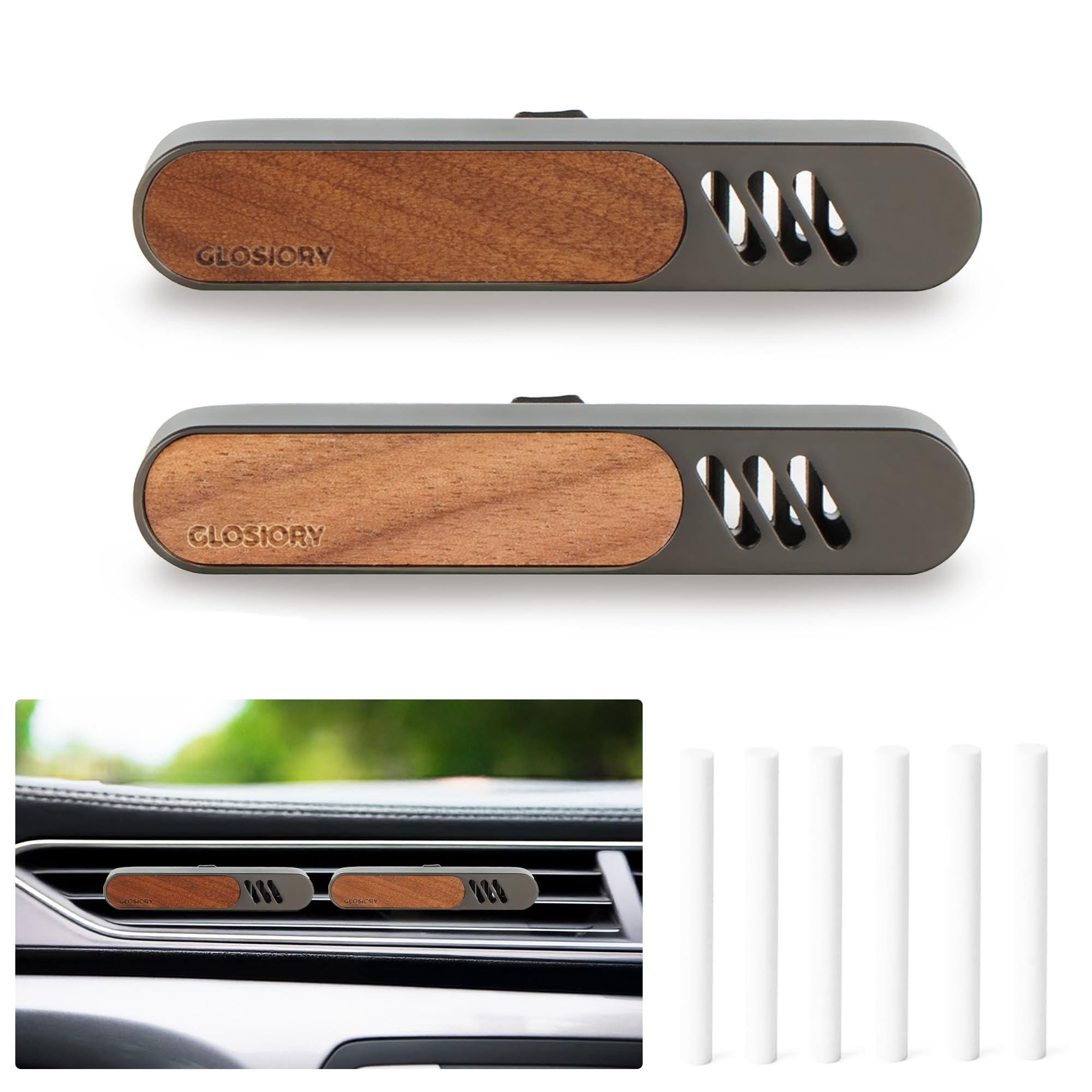 Glosiory car diffuser vent clip in metal and walnut wood adds a refined interior aroma.