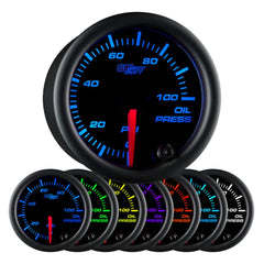 GlowShift Black 7 Color oil pressure gauge front view with multi-color backlight for quick readings