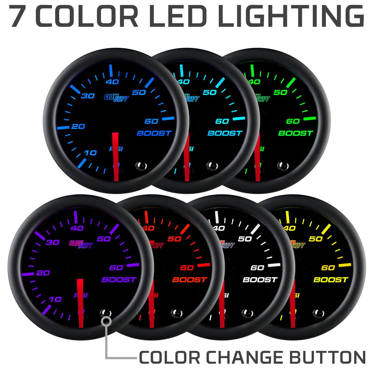 GlowShift turbo boost gauge with smoked lens and black dial for rugged interior look