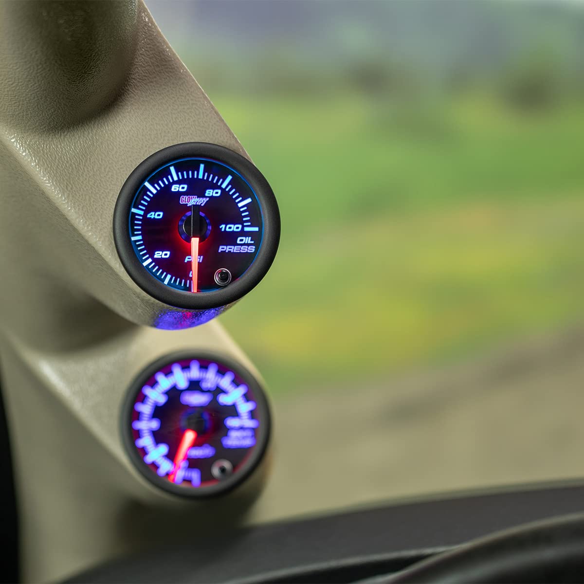 GlowShift oil pressure gauge displaying color options for dashboard match
