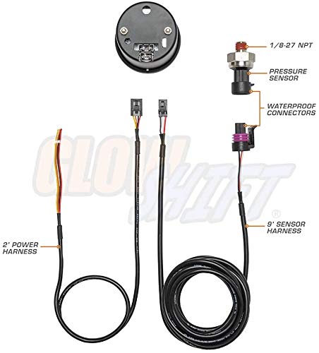 GlowShift oil pressure sensor 1/8-27 NPT included for accurate engine monitoring.