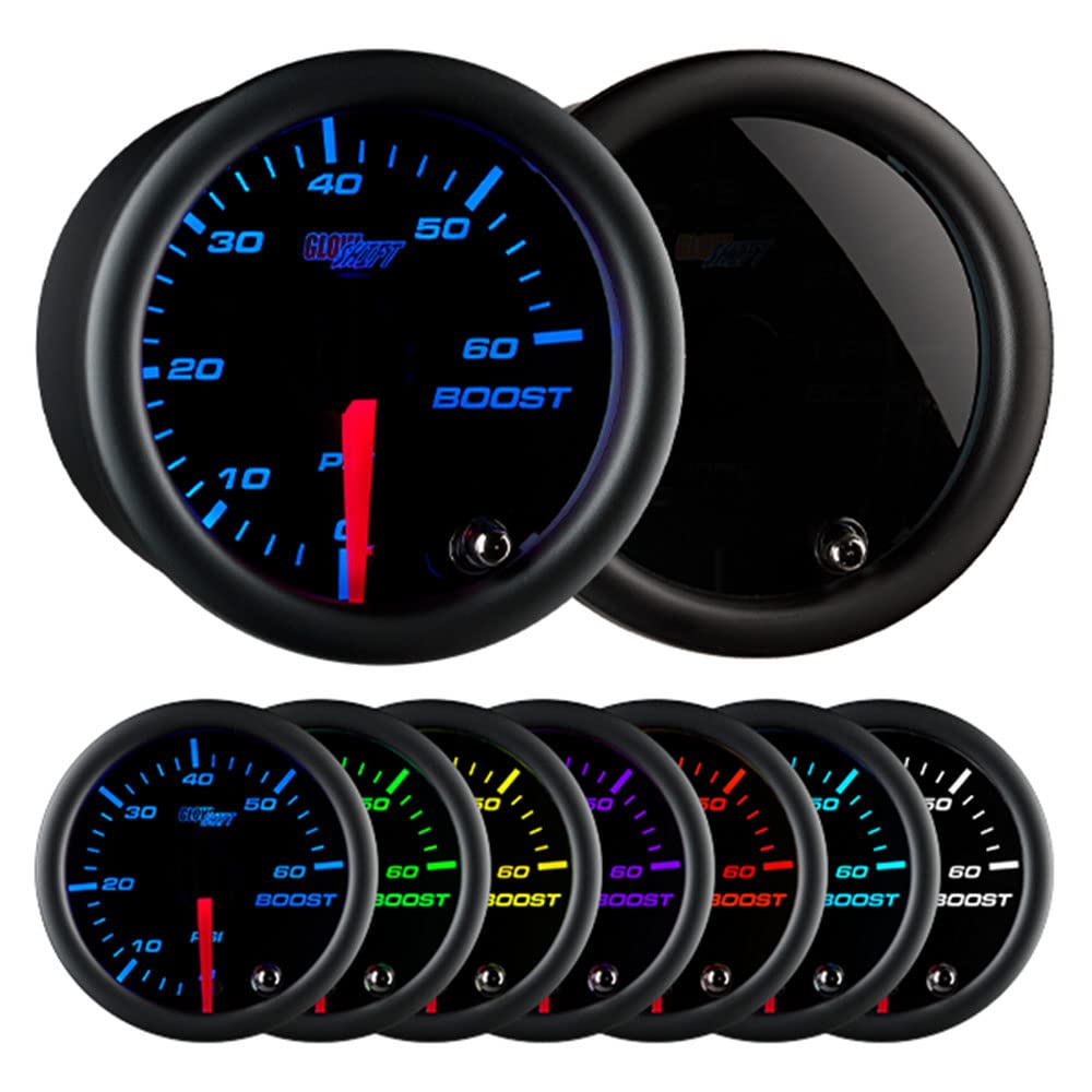 GlowShift tinted 7 color boost gauge front view for diesel truck monitoring