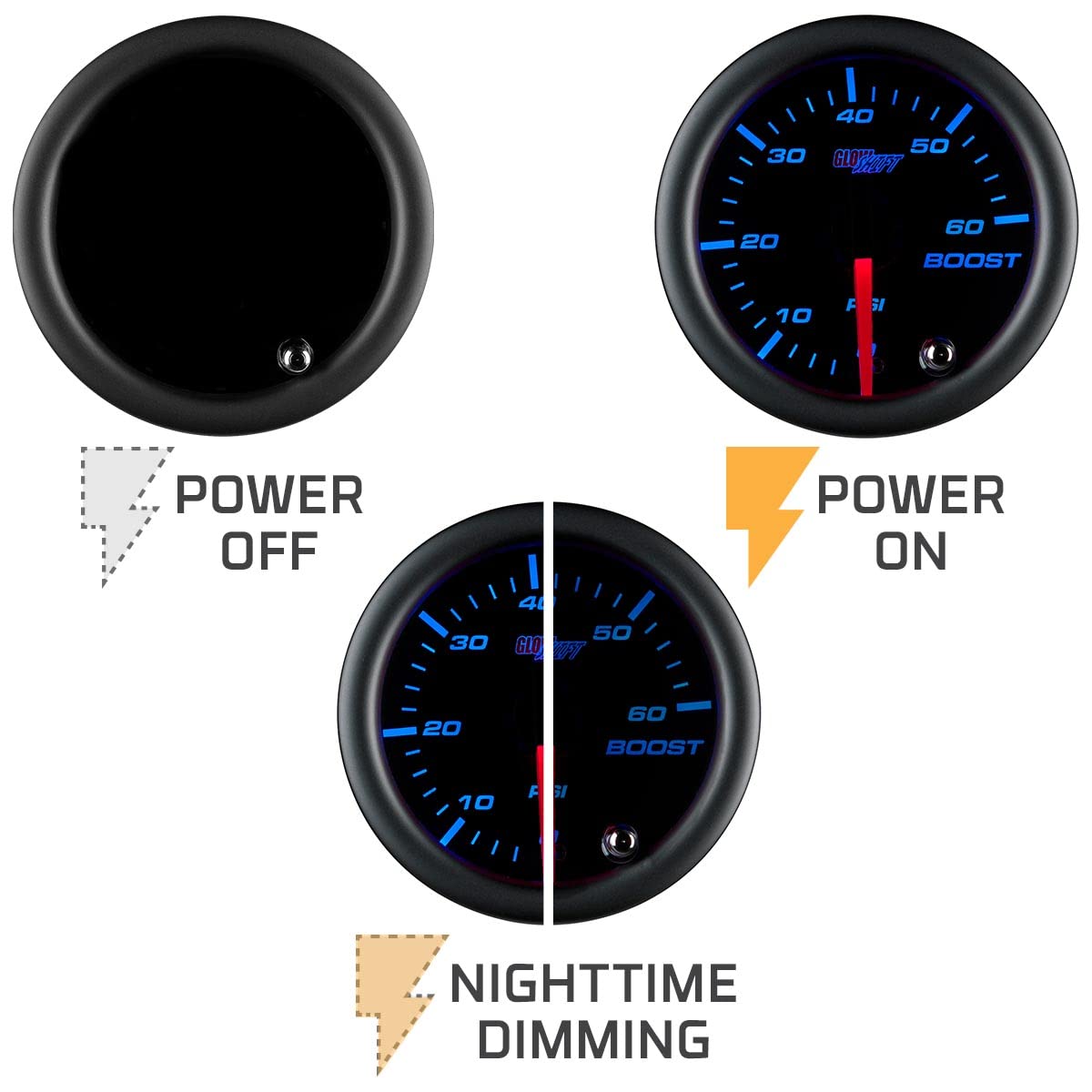 GlowShift diesel truck interior with turbo boost gauge in use for monitoring boost