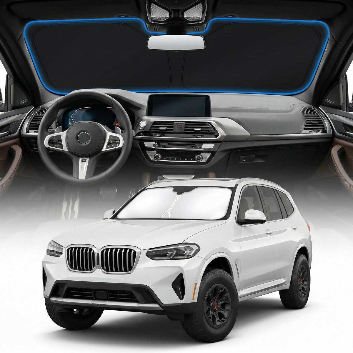 GLSBRCAO BMW X3 sun shade cover front view with precise custom fit