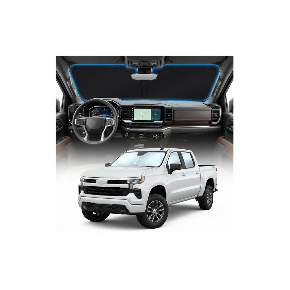 GLSBRCAO Chevy Silverado 1500 sun shade; precise fit for full windshield coverage.