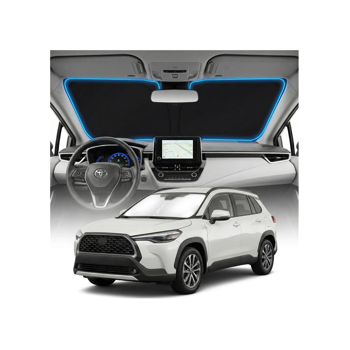 GLSBRCAO Corolla Cross sun shade cover front view demonstrating fit and UV protection