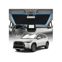 GLSBRCAO Corolla Cross sun shade cover front view demonstrating fit and UV protection