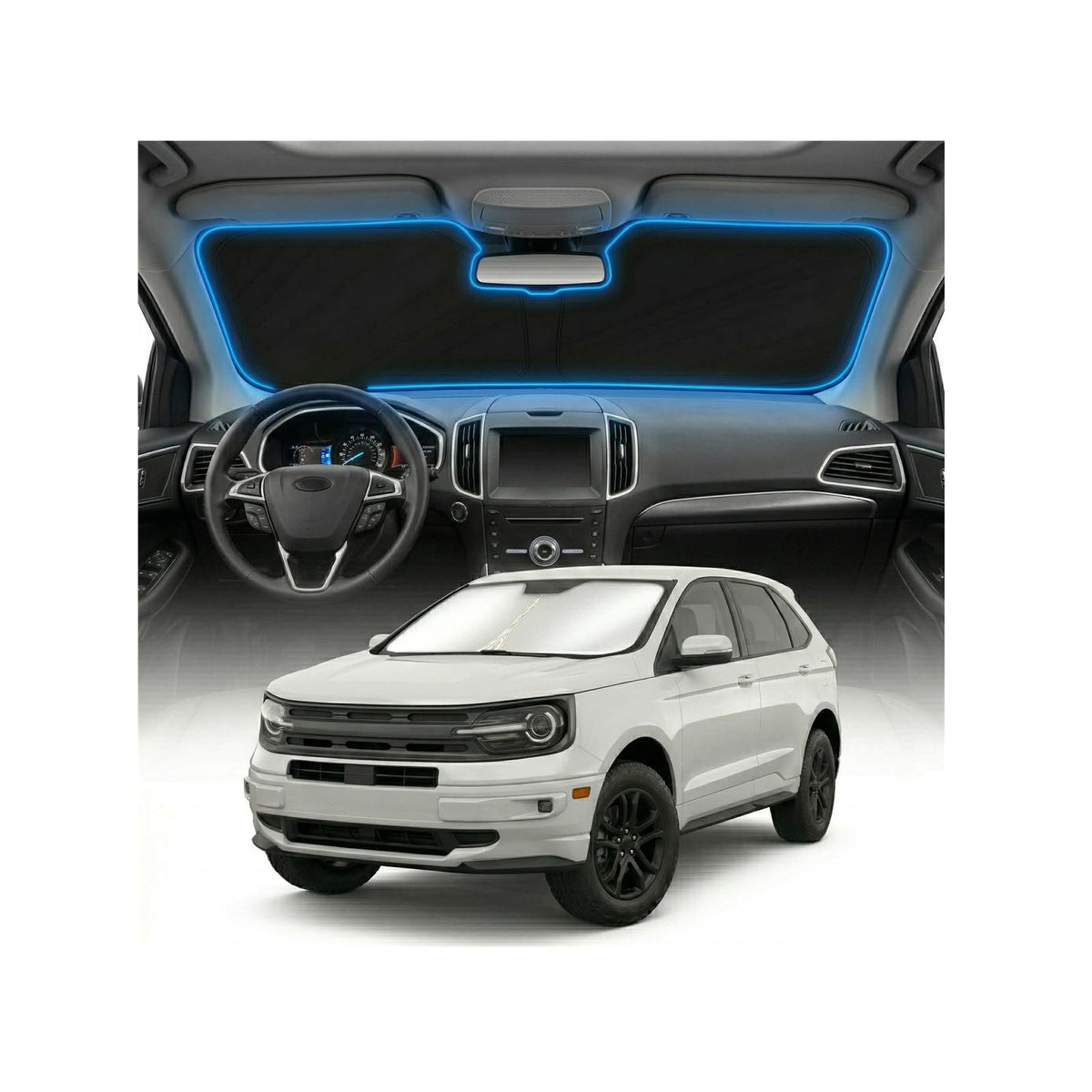 GLSBRCAO Edge sunshade windshield cover with custom fit protects interior from heat and glare.