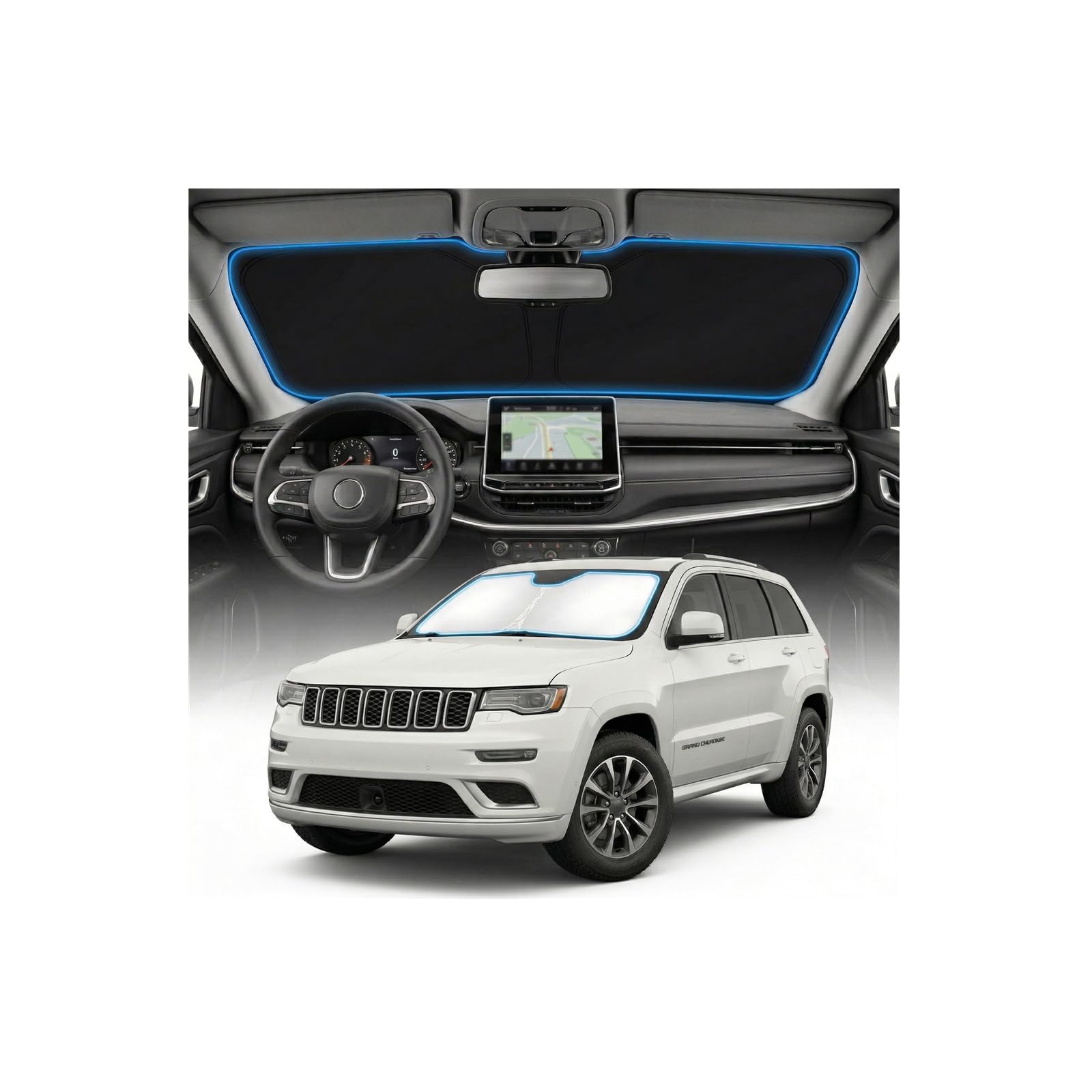 GLSBRCAO sun shade for Jeep Grand Cherokee covers windshield with a precise, custom fit that protects interior.