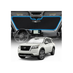 GLSBRCAO Nissan Pathfinder sun shade cover showing custom fit for heat and privacy