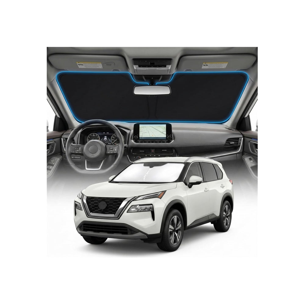 GLSBRCAO Nissan Rogue sun shade covers windshield for UV protection and heat reduction.