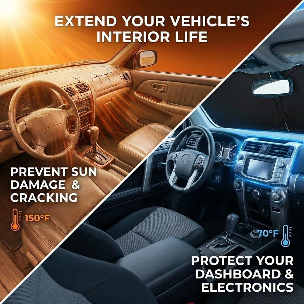 GLSBRCAO sun shade on dashboard showing coverage and glare reduction.