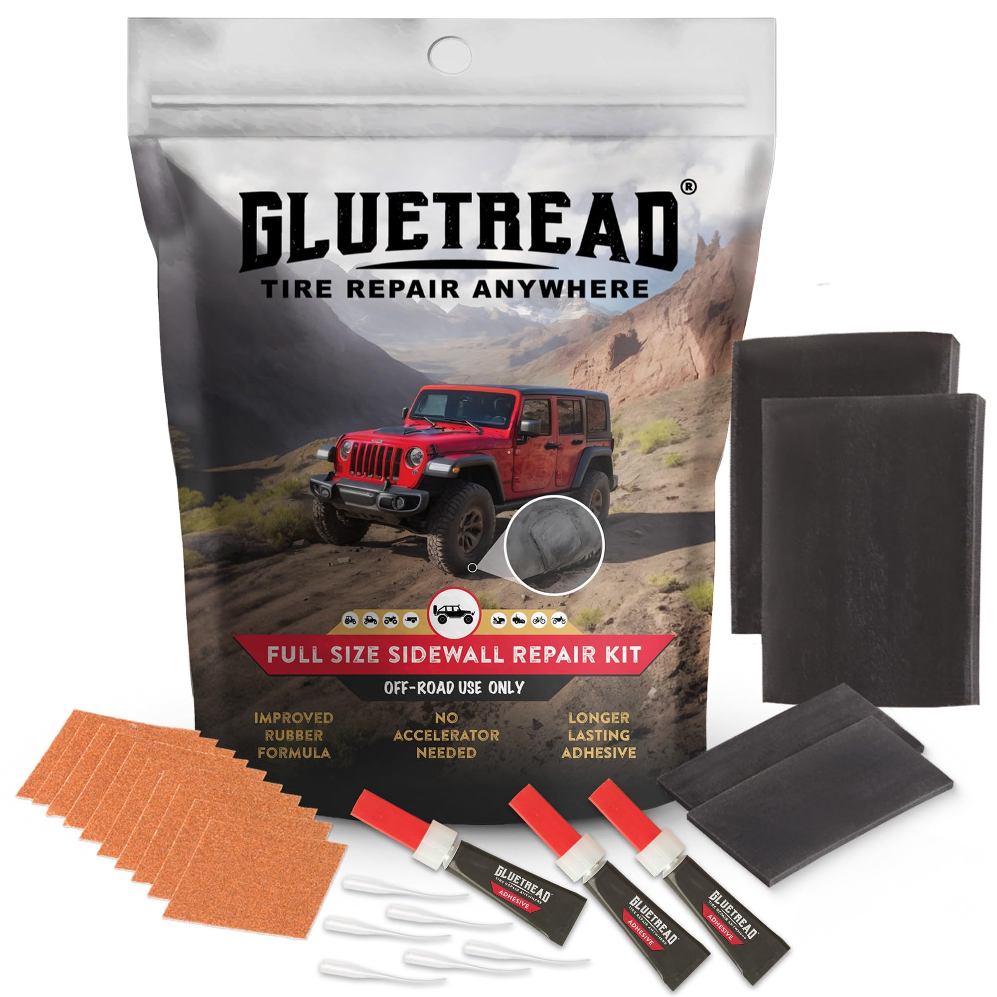 Gluetread full-size 4x4 sidewall patch kit for quick on-the-trail repairs.