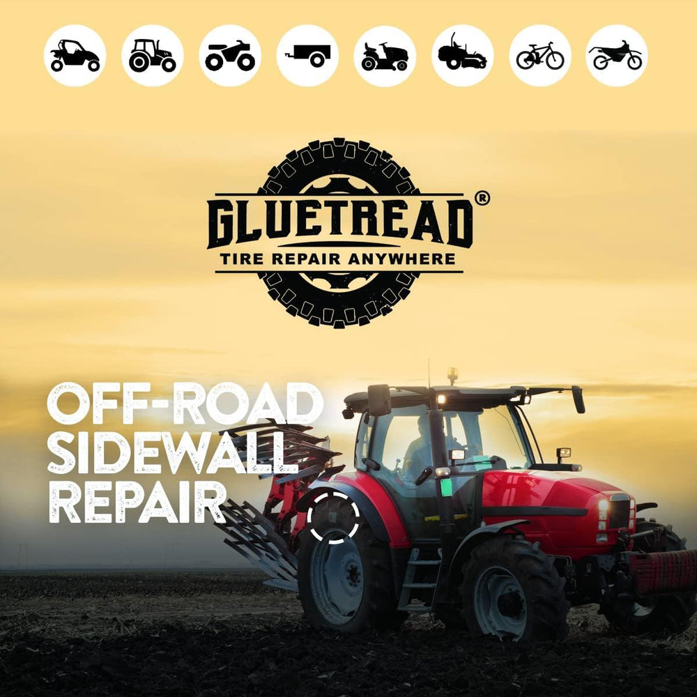 GlueTread packaging and contents including patches and adhesive supply.