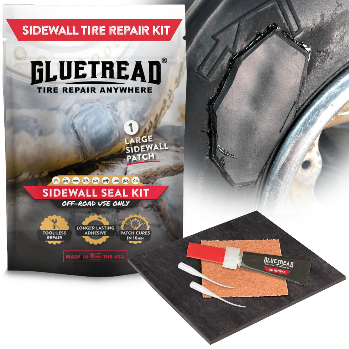 GlueTread sidewall patch kit applied on punctured tire for rugged trails