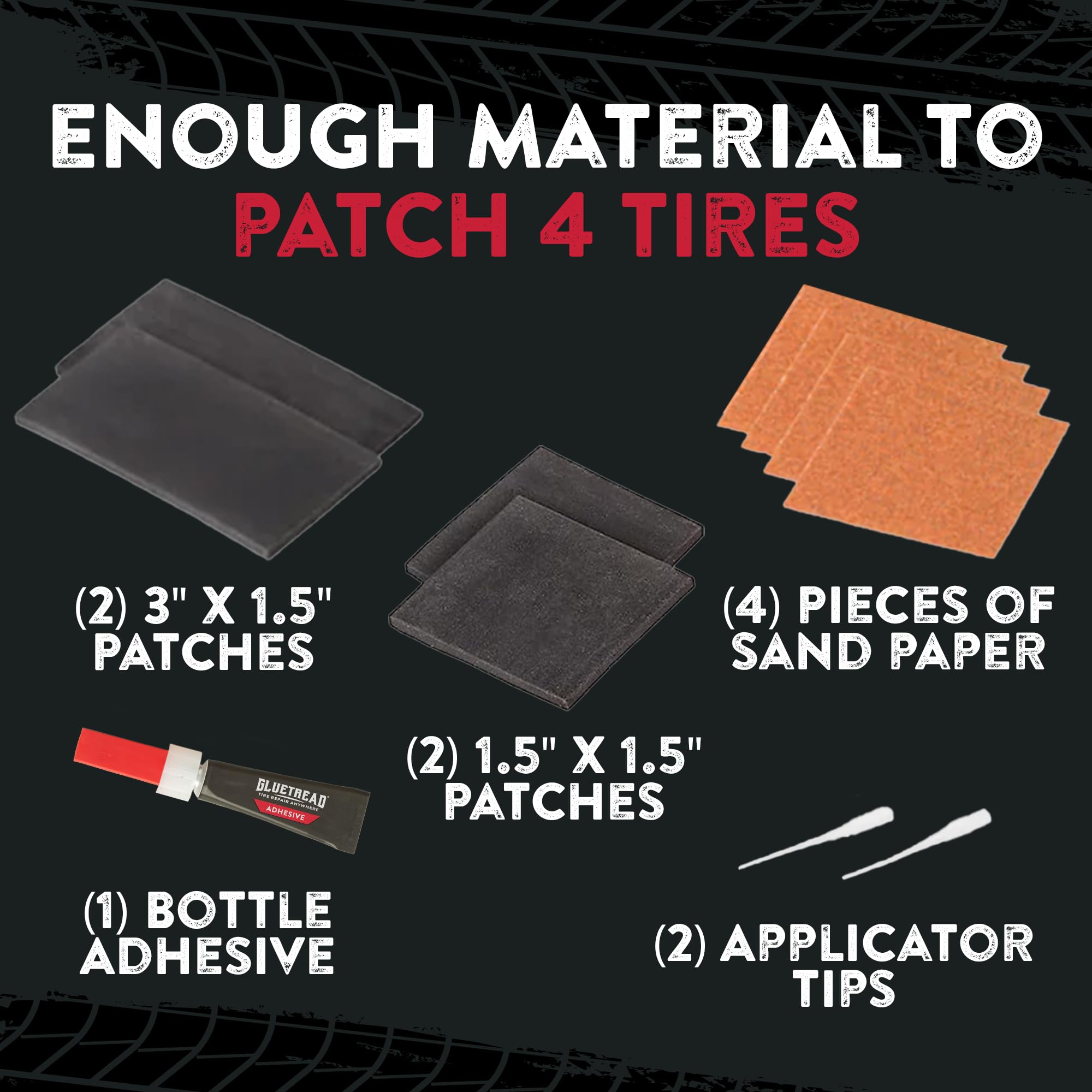 Gluetread patch supports sidewall and tread repairs.