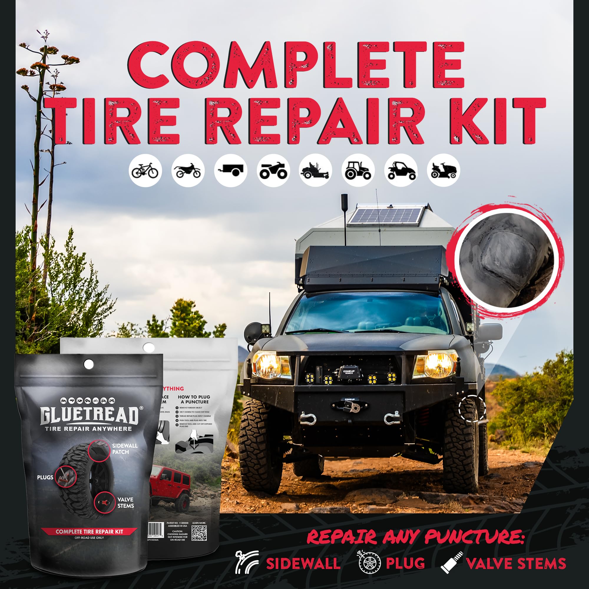 Gluetread plug kit with heavy-duty tools enables quick plug application on rugged trails.