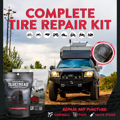 Gluetread plug kit with heavy-duty tools enables quick plug application on rugged trails.