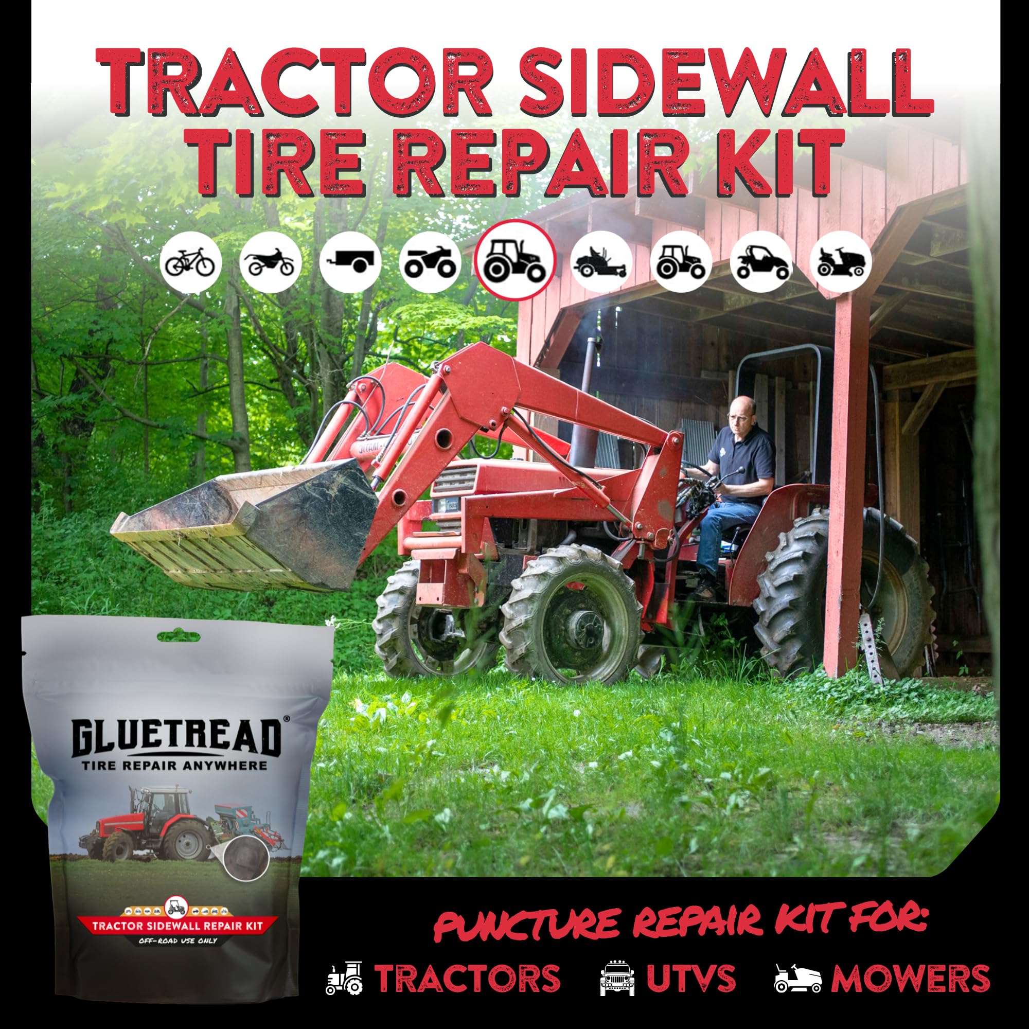 GlueTread sidewall patch application showing effortless repairs without tire removal.