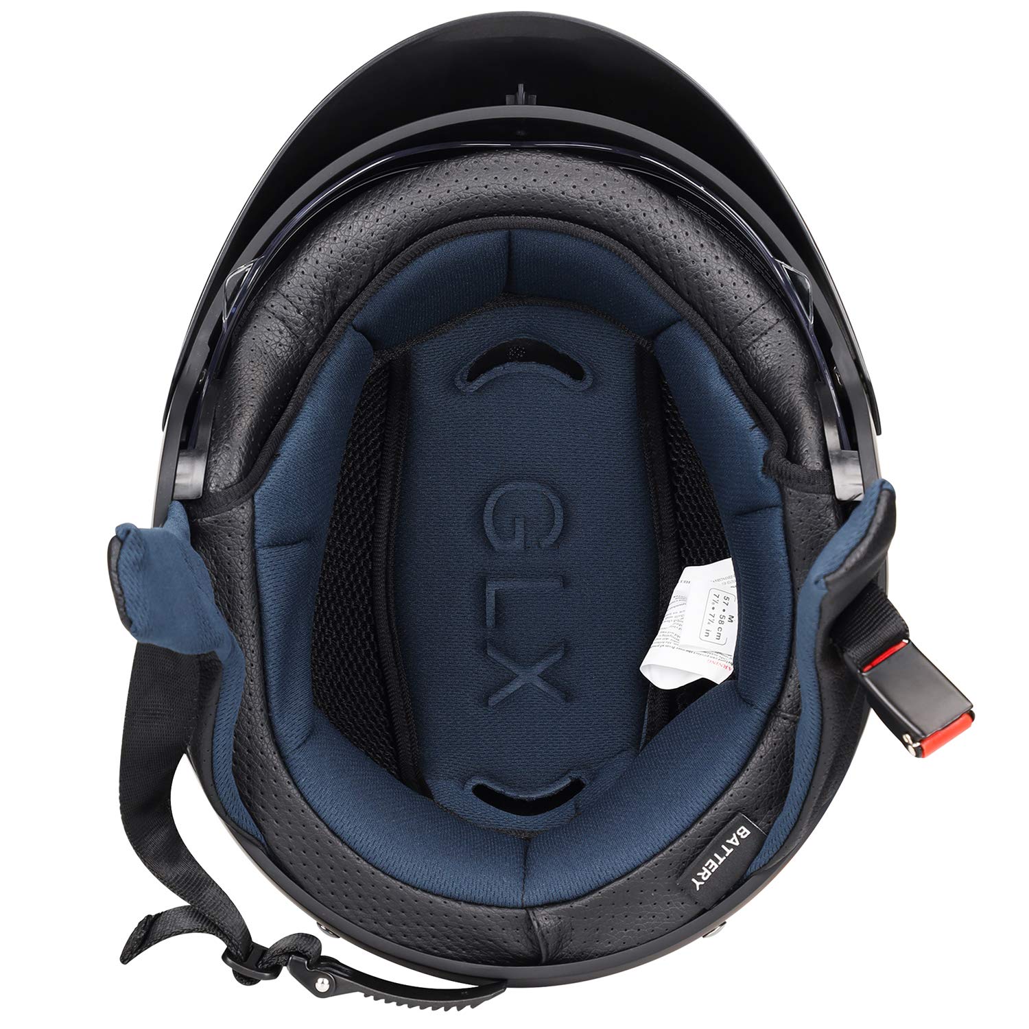 GLX M14 open face helmet sun shield deployed for glare protection on bright urban streets