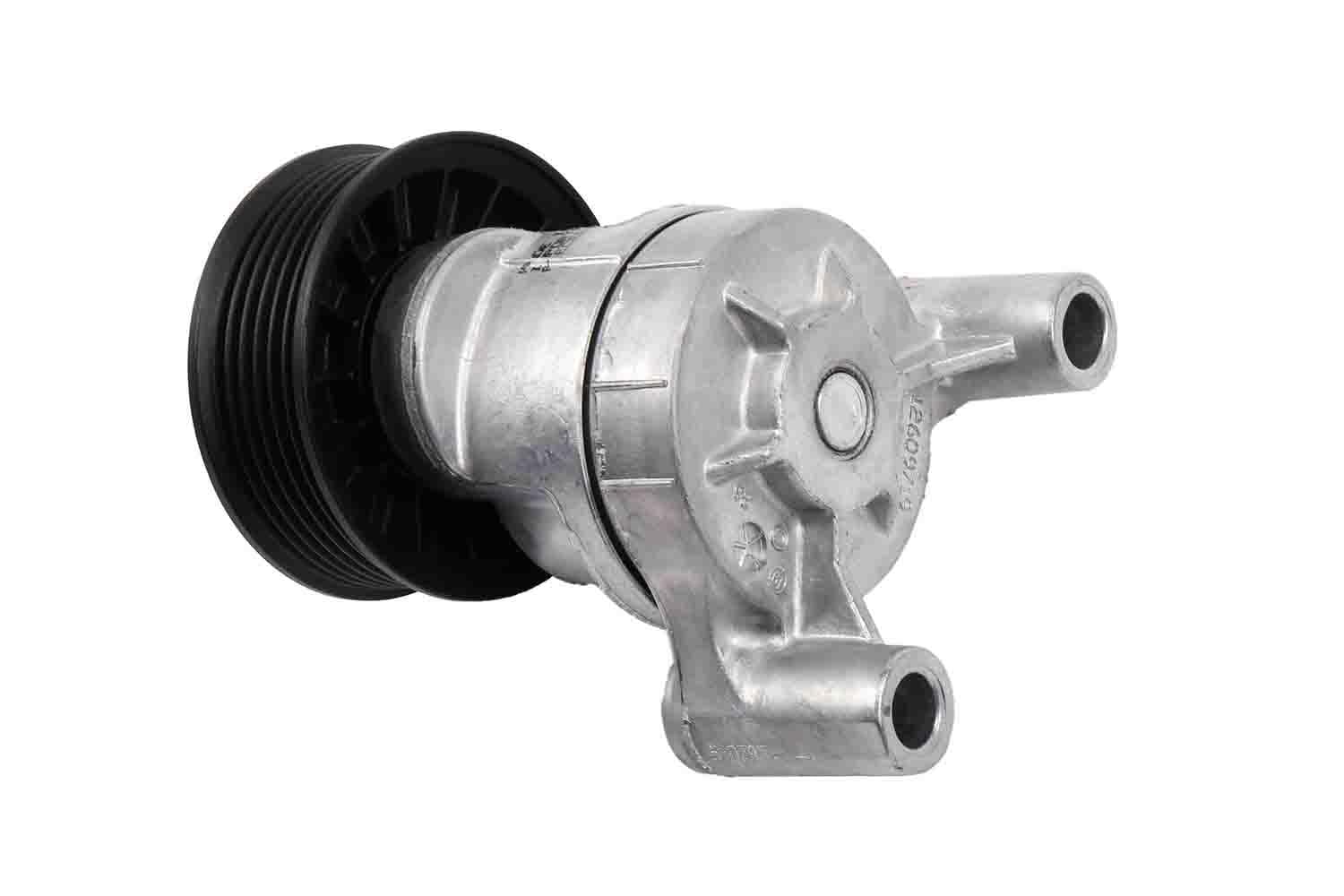 GM Genuine Parts 12609719 drive belt tensioner installed in vehicle illustration emphasizes reliable serpentine belt performance.